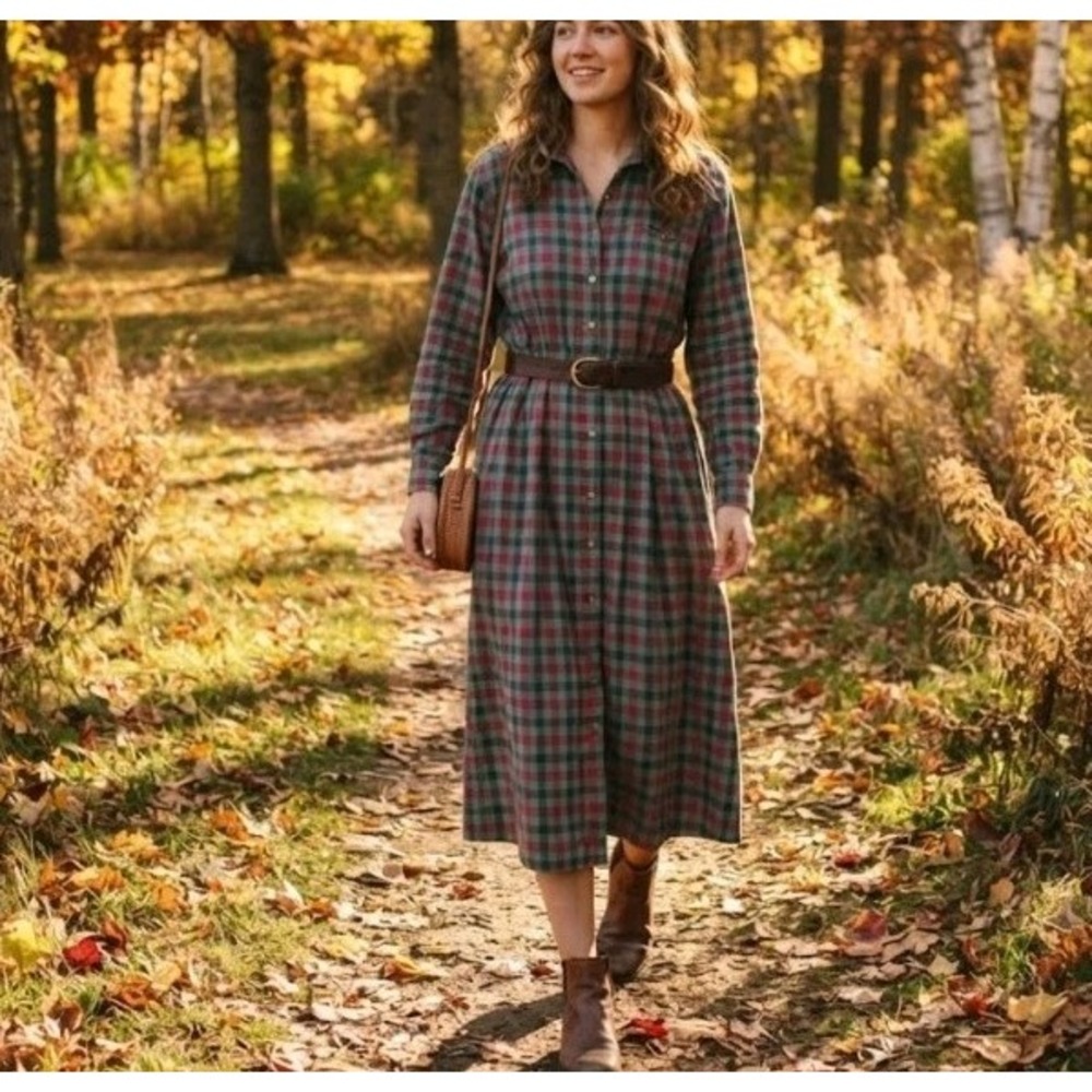 Eddie Bauer Plaid Flannel Shirt Dress Women Medium Green Red Cotton Long Sleeve